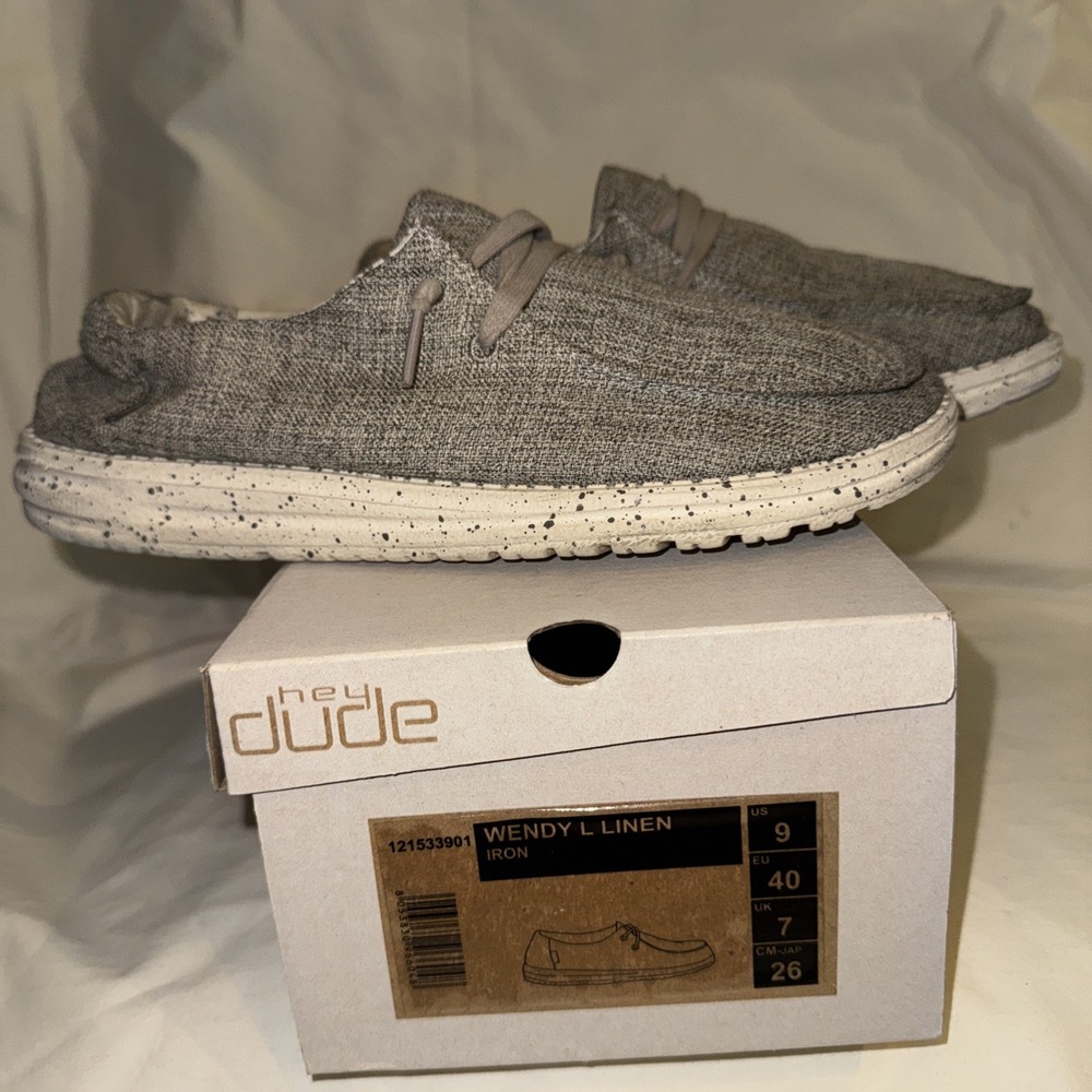 Hey Dude Shoes 9 Wendy L Linen Iron Grey Slip On Casual Comfort With Box